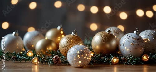 Modern glass christmas ornaments, wooden garland, white baubles and golden christmas lights close up. Atmospheric festive decorated scandinavian room. Stylish christmas decor, glass tree 