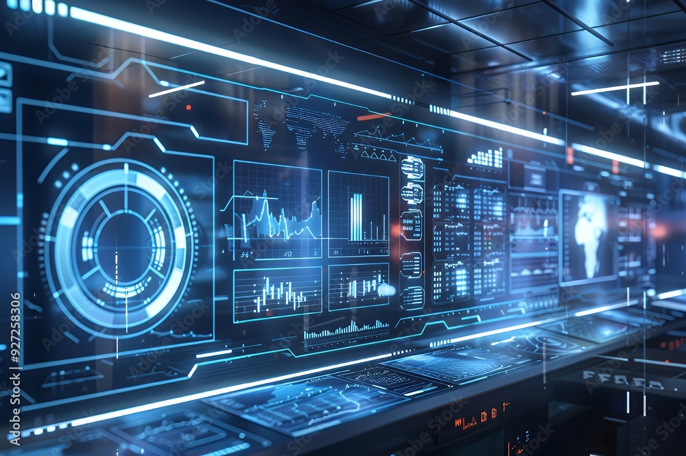 Futuristic technology interface with blue glowing lines and graphs, depicting data analysis and monitoring. Futuristic technology interface with blue glowing lines and graphs, depicting data analysis and monitoring.
