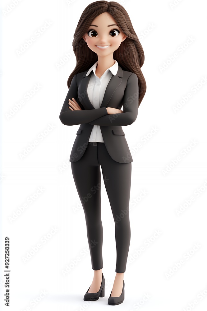 Smiling cartoon businesswoman standing with arms crossed wearing a black suit and white shirt. Smiling cartoon businesswoman standing with arms crossed wearing a black suit and white shirt.