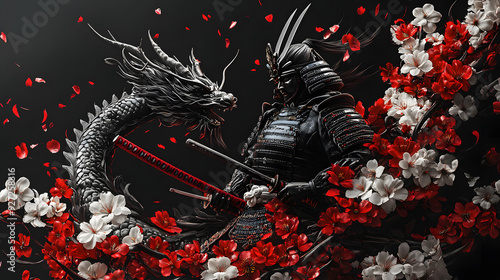 3d render of a Samurai with a dragon and sakura flowers red colors, dark background