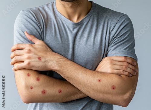 A man holds a hand with red and pink spots. Monkeypox symptoms