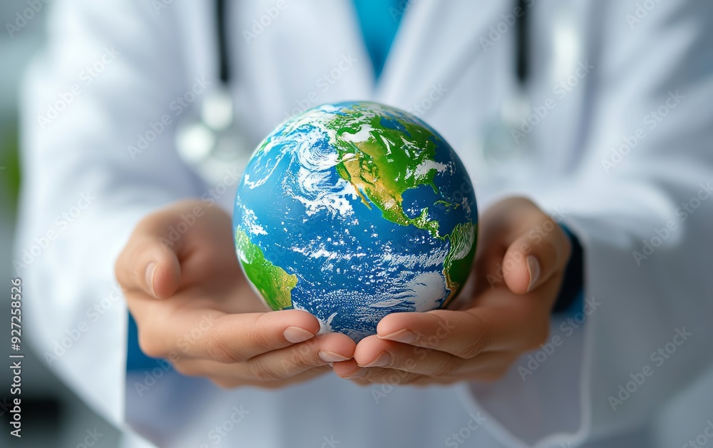 Doctor Holding Earth with Medical Elements and Computer Background Doctor Holding Earth with Medical Elements and Computer Background