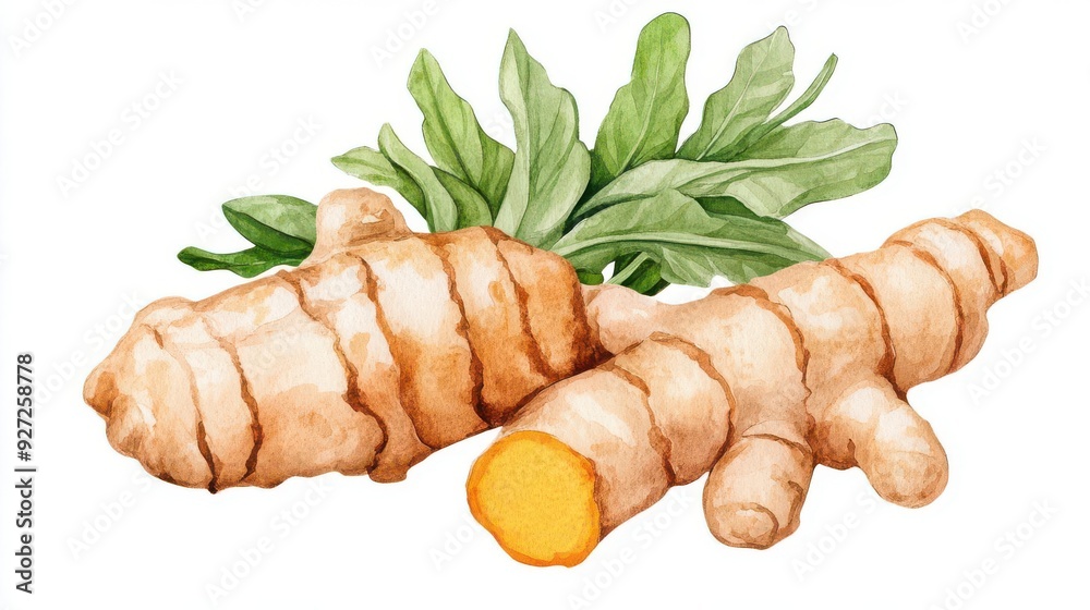 Fresh turmeric root with green leaves, a popular spice known for its vibrant color and health benefits. Fresh turmeric root with green leaves, a popular spice known for its vibrant color and health benefits.