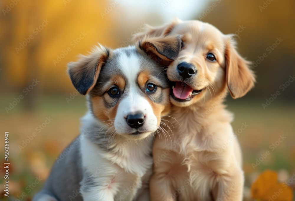 Two adorable puppies posing together in autumn