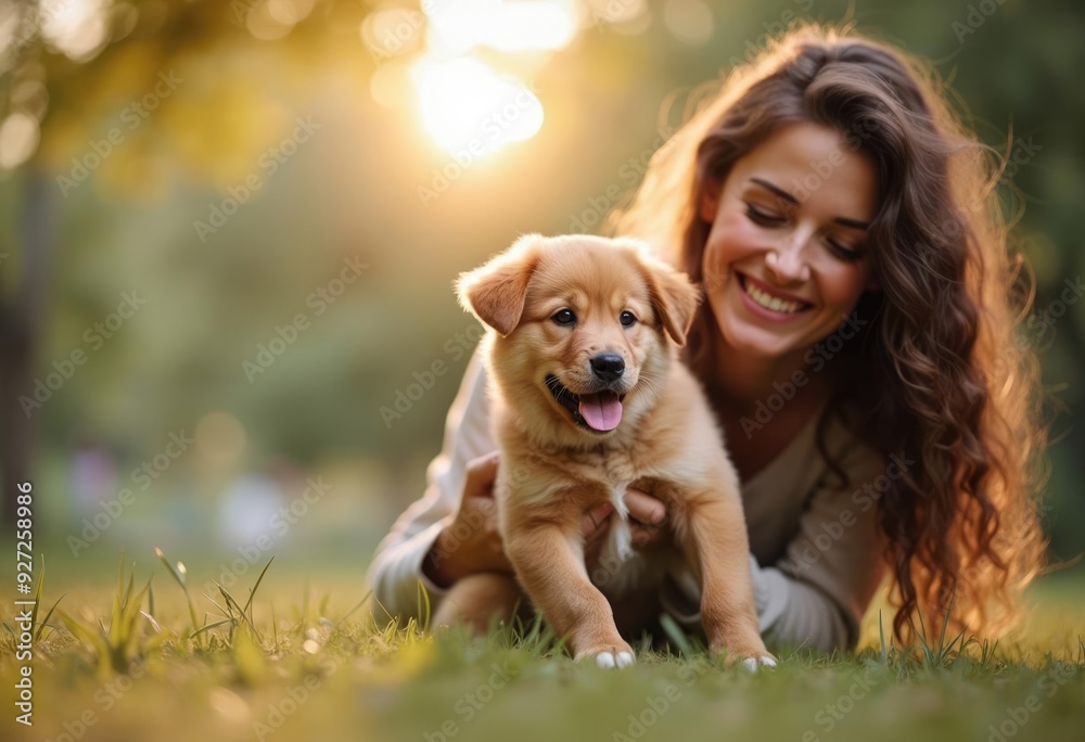 Beautiful young woman lying on grass is hugging and having fun with her cute puppy dog Beautiful young woman lying on grass is hugging and having fun with her cute puppy dog