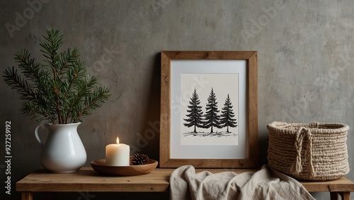 Moody Christmas still life. Blank vertical wooden picture frame mockup on sofa, linen cushions and blanket. Larch, pine tree branches in basket. White wall background. Elegant Scandinavian interior