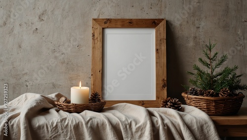 Moody Christmas still life. Blank vertical wooden picture frame mockup on sofa, linen cushions and blanket. Larch, pine tree branches in basket. White wall background. Elegant Scandinavian interior