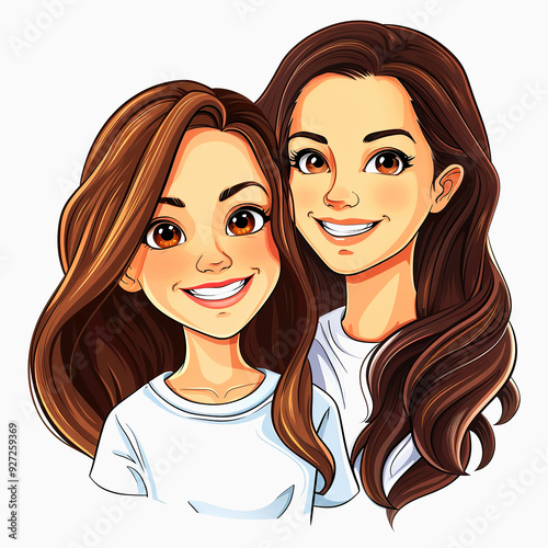 Two Smiling Women with Brown Hair and White Shirts