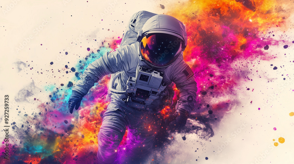Obraz premium an astronaut with a colorful explosion of meteors, set against a white background