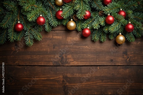 New Year's background. Spruce branches on a wooden table. Ornaments for the New Year tree. Christmas concept