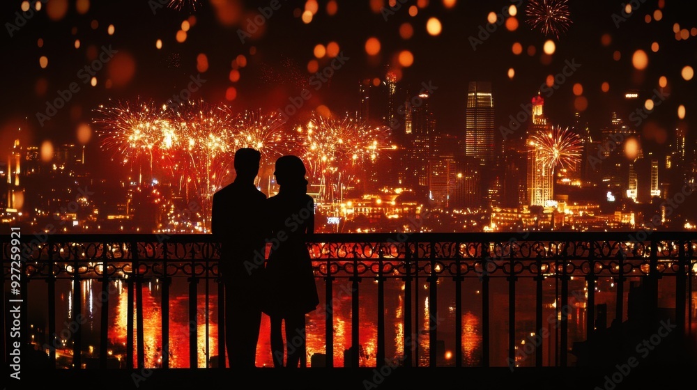 Silhouettes of Love Against Fireworks: A romantic couple stands hand in hand on a balcony, silhouetted against a breathtaking display of fireworks over a city skyline. 