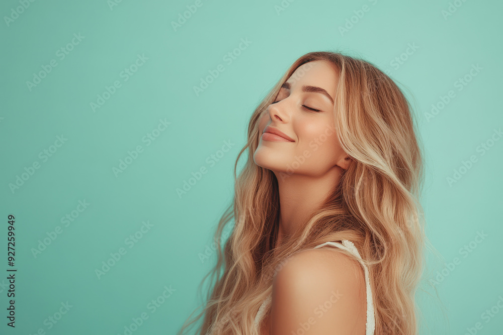A close up of a woman's face with her eyes closed and long blond hair A close up of a woman's face with her eyes closed and long blond hair