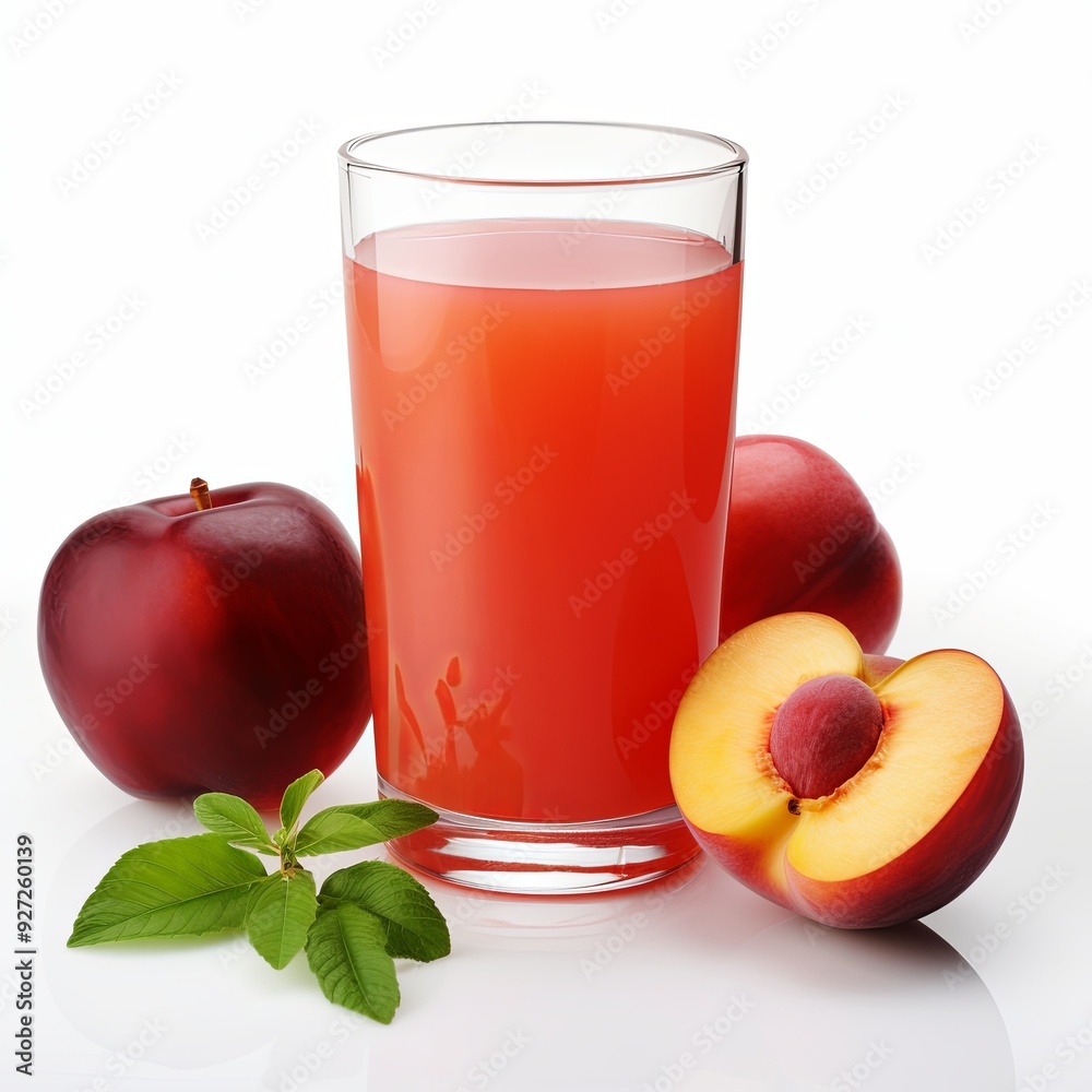 A glass of fresh apricot juice with apricot fruits, isolated on a white background. The glass is half-full, and the juice is a light orange color. Ripe and juicy apricots with green leaves. A glass of fresh apricot juice with apricot fruits, isolated on a white background. The glass is half-full, and the juice is a light orange color. Ripe and juicy apricots with green leaves.
