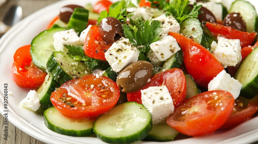 Fresh Greek Salad with Feta Cheese and Olives