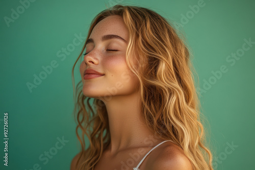 A close up of a woman's face with her eyes closed and long blond hair