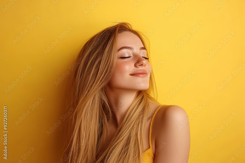 A close up of a woman's face with her eyes closed and long blond hair A close up of a woman's face with her eyes closed and long blond hair