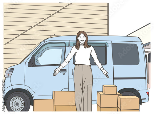 車と大量の段ボール箱の前に立つ若い女性