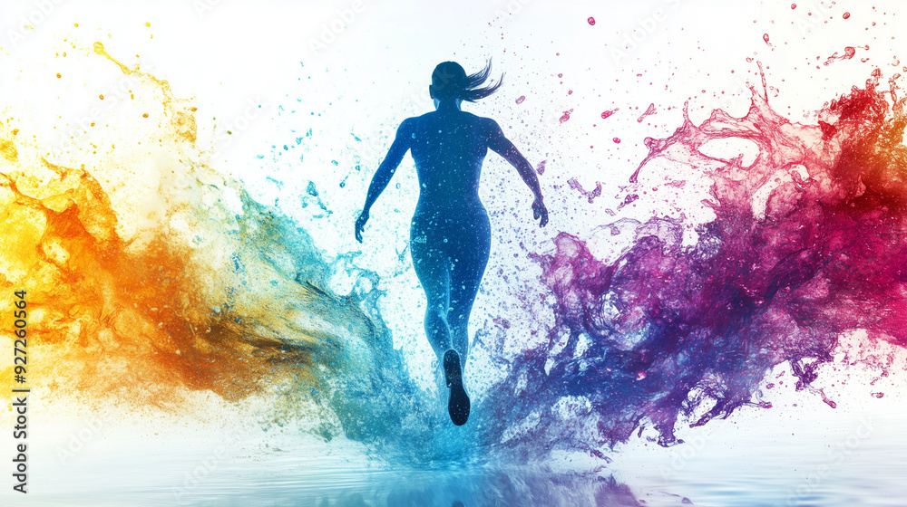 Naklejka premium person exercising, with colorful bursts of water exploding around them