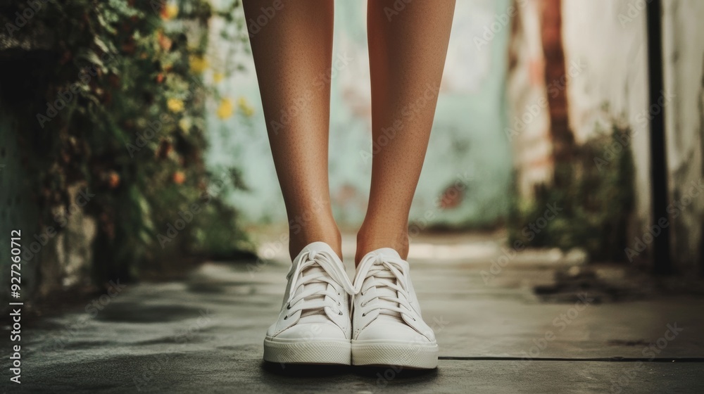 Closeup of woman's legs in white sneakers Closeup of woman's legs in white sneakers