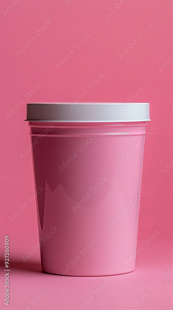 A clear plastic cup with a lid is sitting on a pink background A clear plastic cup with a lid is sitting on a pink background