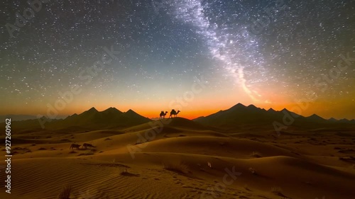 Camel caravan by night with galaxy sky. Silhouette tourists riding camels in a row in the Shapotou sand dune of Tengger Desert, photo