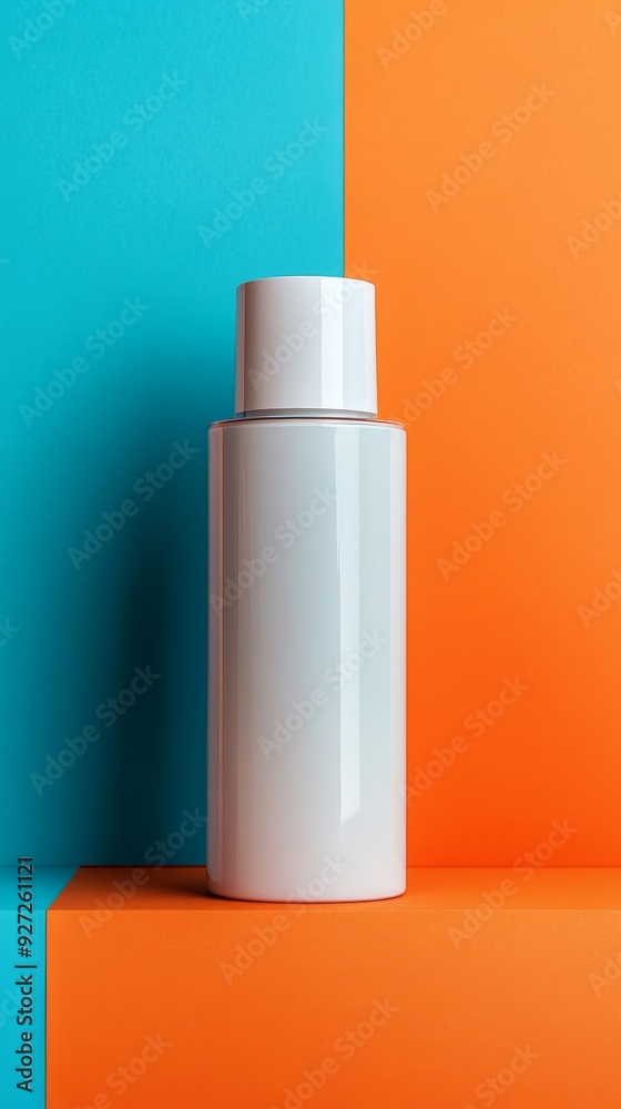 A bottle of lotion is sitting on a table with a blue and orange background A bottle of lotion is sitting on a table with a blue and orange background
