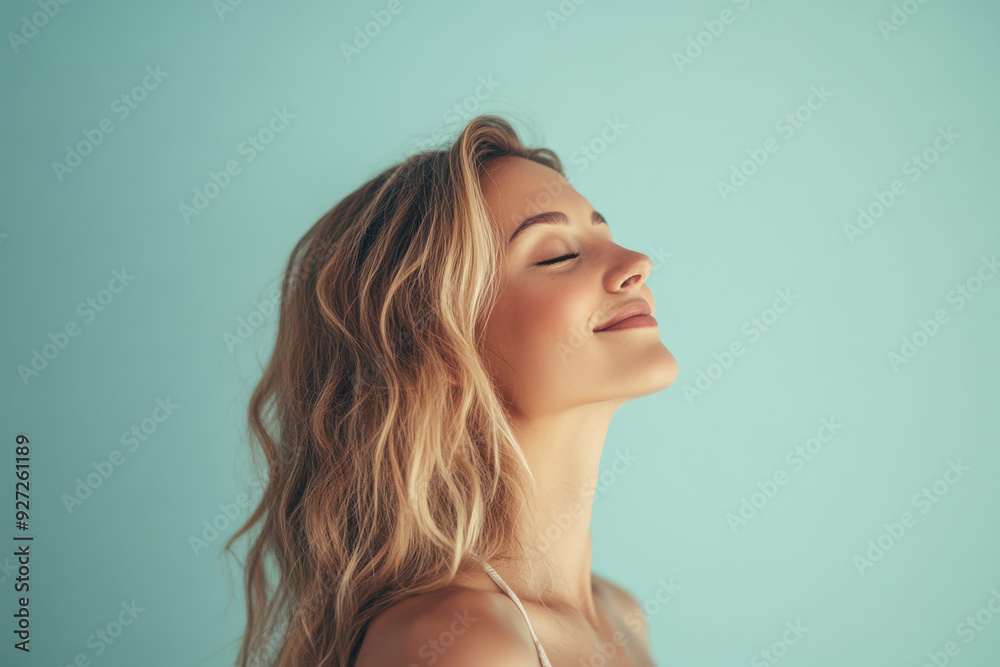 A close up of a woman's face with her eyes closed and long blond hair A close up of a woman's face with her eyes closed and long blond hair