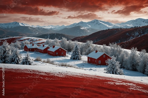 Red Christmas Background with Snowy Hills 