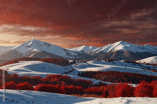 Red Christmas Background with Snowy Hills 