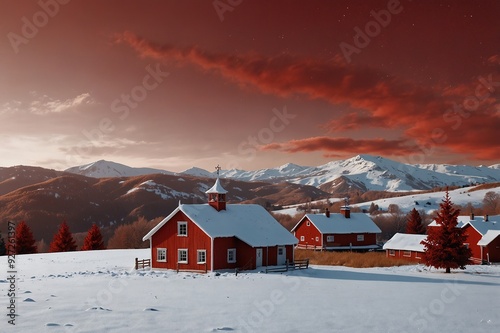 Red Christmas Background with Snowy Hills 