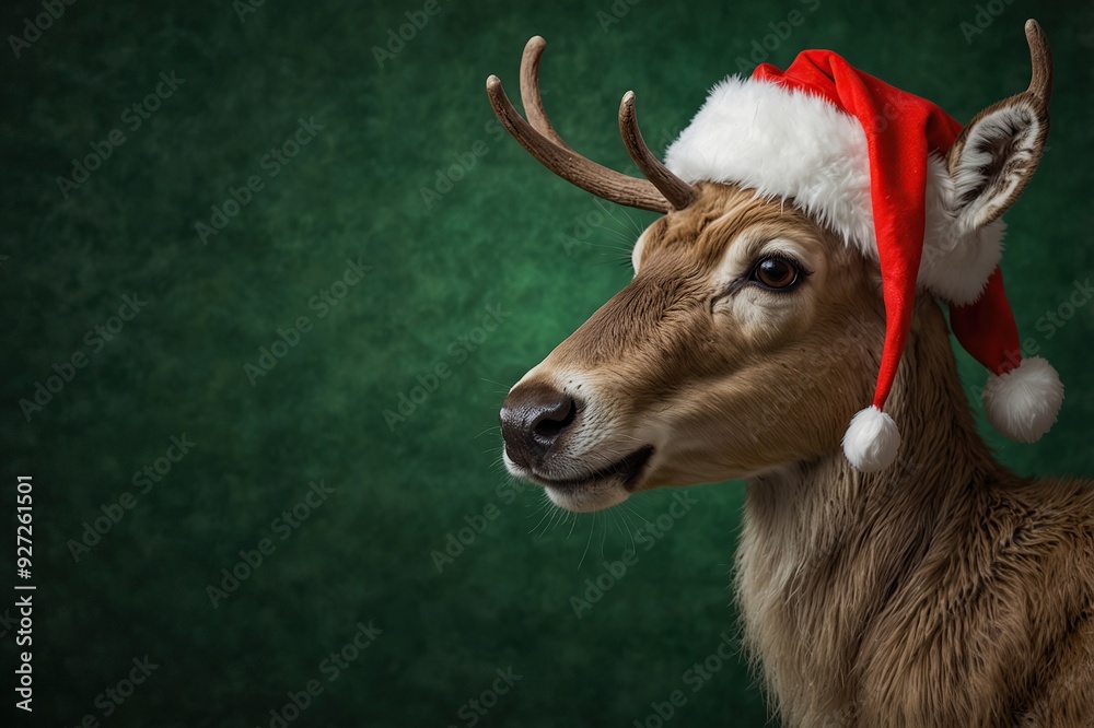 Reindeer with red nose and Santa hat on green Christmas background Reindeer with red nose and Santa hat on green Christmas background