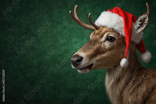 Reindeer with red nose and Santa hat on green Christmas background