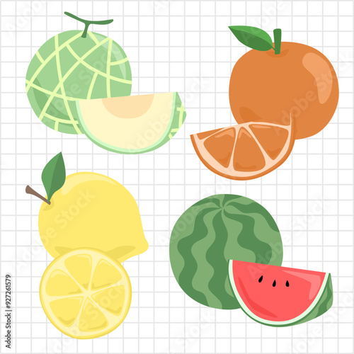 set of cute hand drawn various fruits and slice fruits. vector, illustration design.
