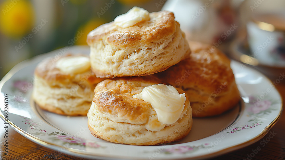 Buttermilk Biscuits Stacked on Floral Plate with Butter Buttermilk Biscuits Stacked on Floral Plate with Butter