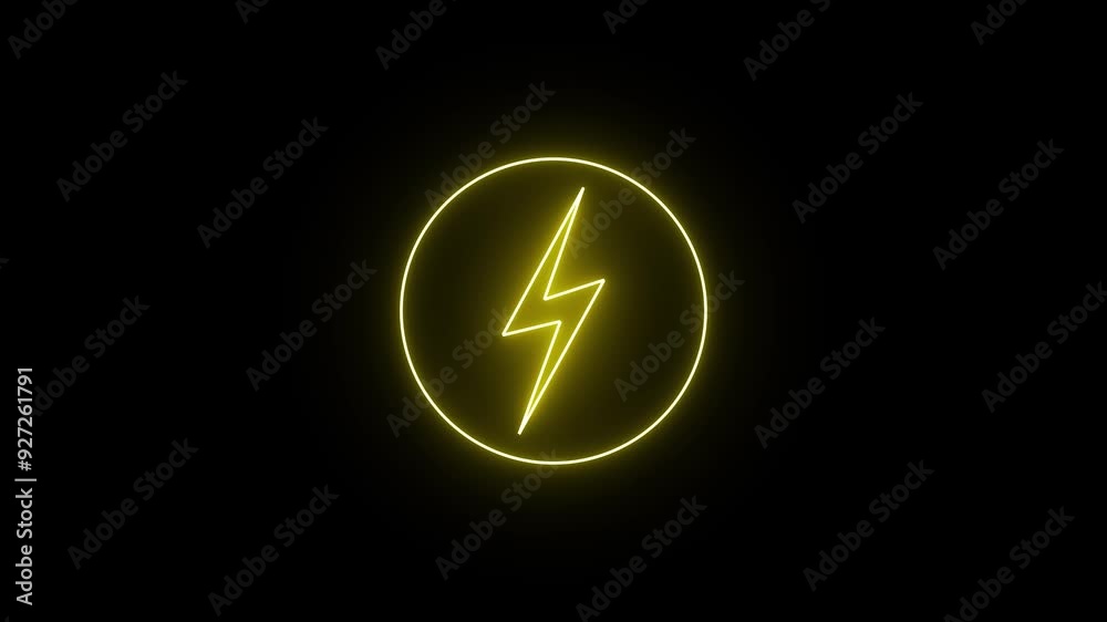 Yellow neon lightning bolt, glowing sign. Neon battery charging power symbol, lightning bolt sign in the circle Yellow neon lightning bolt, glowing sign. Neon battery charging power symbol, lightning bolt sign in the circle
