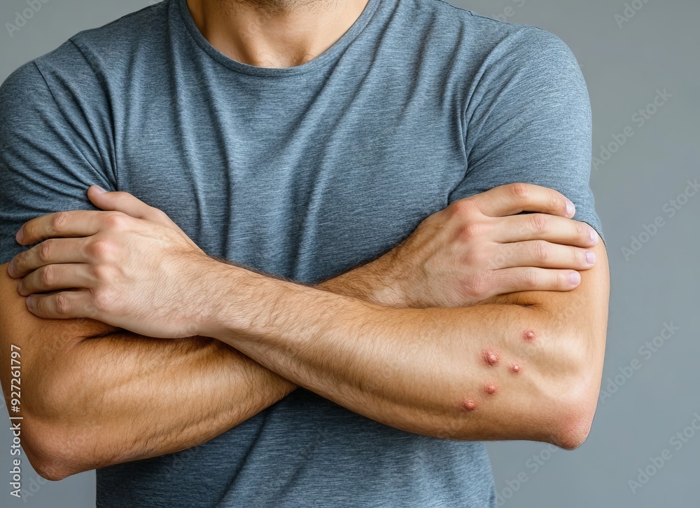 Fototapeta premium A man holds a hand with red and pink spots. Monkeypox symptoms
