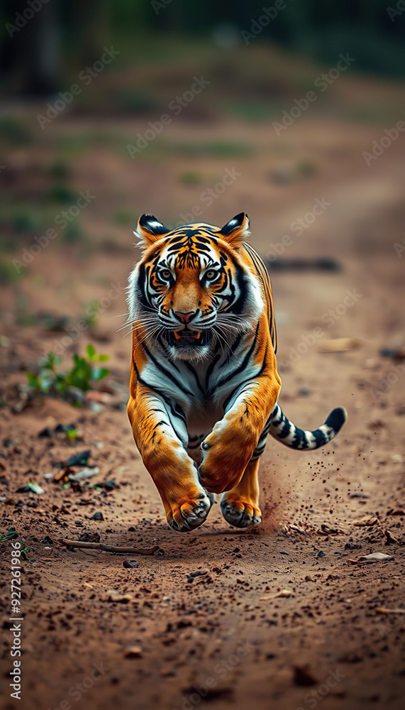 Fototapeta premium A tiger is running through a dirt road