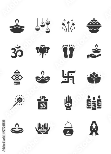 Diwali hindu celebration elements, line icons photo