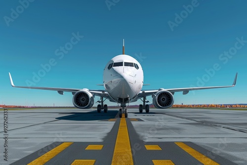 A large airplane is taxiing down the runway with clear skies overhead, preparing for takeoff on a bright day