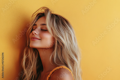 A close up of a woman's face with her eyes closed and long blond hair