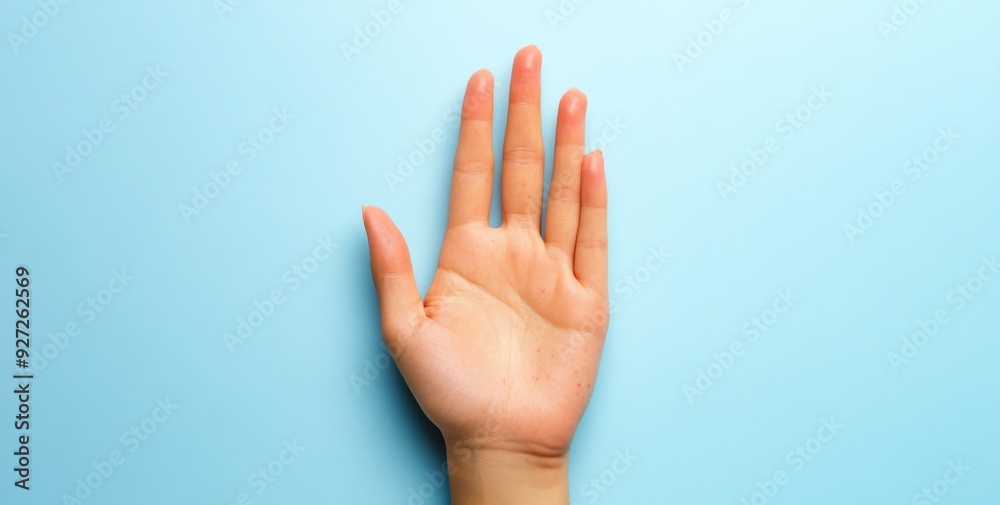 Hand with Pimples on Palm, Top View, Light Blue Background, Monkeypox Symptoms Hand with Pimples on Palm, Top View, Light Blue Background, Monkeypox Symptoms
