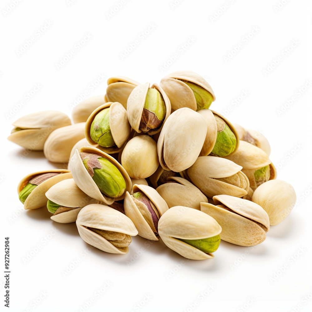 A pile of fresh pistachio nuts in light green shells on a white background. These nutritious nuts are a perfect healthy snack for a quick energy boost, offering vitamins, minerals, and antioxidants. A pile of fresh pistachio nuts in light green shells on a white background. These nutritious nuts are a perfect healthy snack for a quick energy boost, offering vitamins, minerals, and antioxidants.