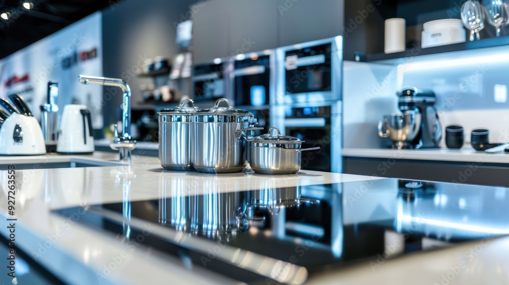 Close-up of kitchen appliances displayed in a modern appliance showroom. Close-up of kitchen appliances displayed in a modern appliance showroom.