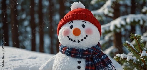 snowman smiling standing in snow near spruce trees. Cute new year, christmas holiday smiling in red mittens scarf and hat