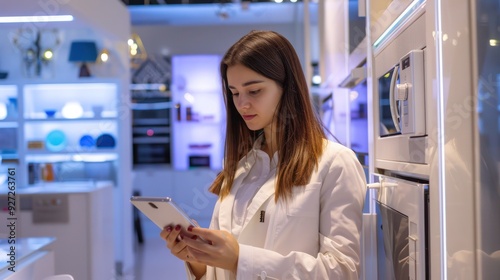 Salesperson demonstrating smart home appliances in an appliance showroom. 