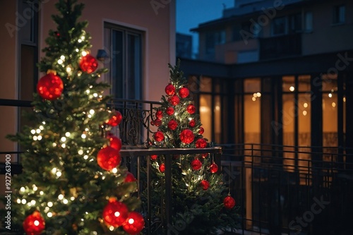 Stylish christmas trees, branches, red ornaments in lights illumination on balcony of building in evening. Atmospheric magic time. Christmas festive decor for winter holidays. Merry Christmas
