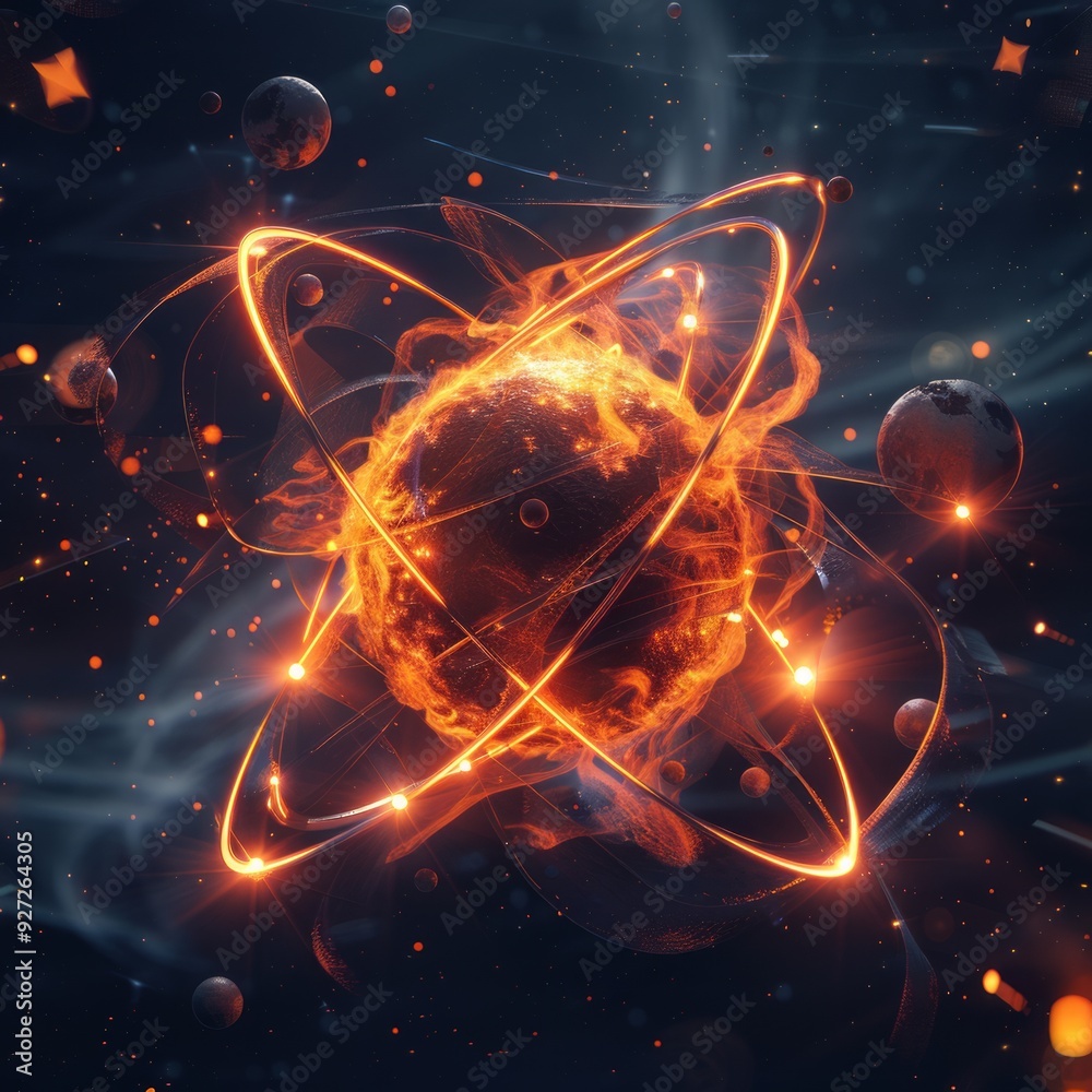 An atom is depicted explosively surrounded by fiery cosmic particles in a dark, vibrant space setting An atom is depicted explosively surrounded by fiery cosmic particles in a dark, vibrant space setting