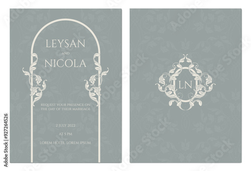 Wedding invitation. Classic graphic elements. Oval ornamental frame monogram.
