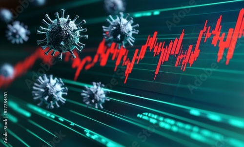 Stock Market Graph with World Map and Virus Icons Representing Global Economic Impact