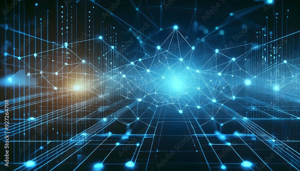 A futuristic digital network visualization showing glowing connections, data flow, and technology communication.